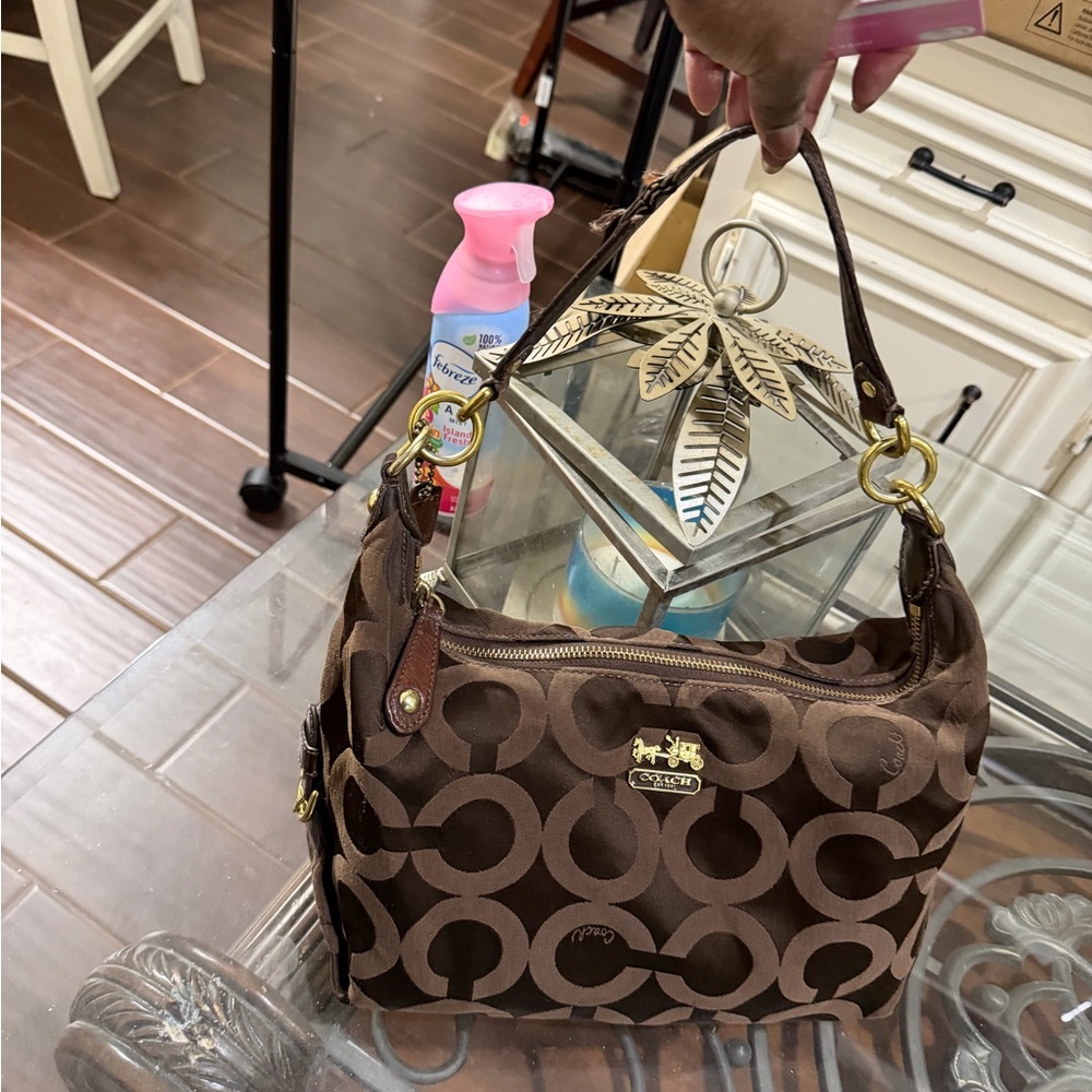 Coach Brown and Tan Signature Shoulder Bag